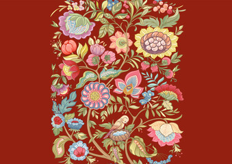 Fantasy flowers in retro, vintage, jacobean embroidery style. Seamless pattern, background. Vector illustration. Multicolor on red background.