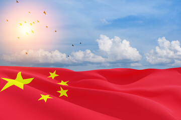 Close up waving flag of China on background of blue sky with flying birds. 3d rendering.