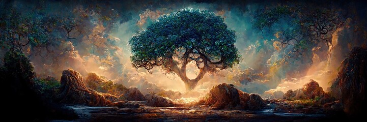 Yggdrasil from norse mythology known for being the tree of life. - obrazy, fototapety, plakaty