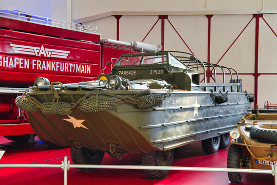 SPEYER, GERMANY - OCTOBER 2022: green GMC DUKW 353 1942 military retro amphibian car in the Technikmuseum Speyer