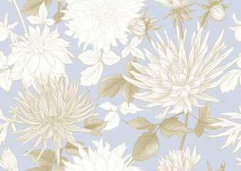 Dahlias flowers, outline and coloured style Seamless pattern, background. Vector illustration. In botanical style