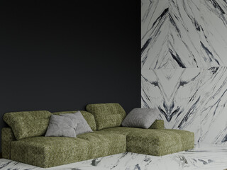 Living room with a large corner light green olive sofa. Large format slabs of marble tiles - black and white tones. Dark wall for painting or wallpaper, decor. Mockup room. 3d rendering