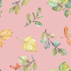 Abstract botanical background for design, print, wallpaper, wrapping paper. Seamless watercolor pattern of autumn leaves.
