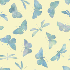 butterflies and dragonflies drawn in watercolor, collected for design in a seamless pattern