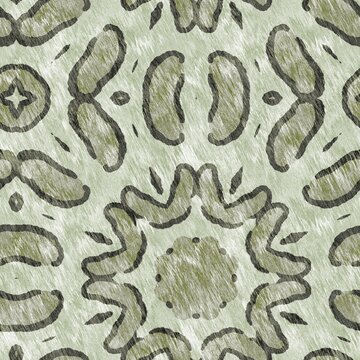 Mosaic geometric green leopard print texture pattern. Trendy kaleidoscope woven design for printed fabric. Rough abstract textile design. 