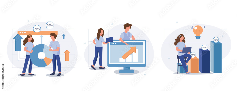 Wall mural data analysis web concept with people scenes set in flat style. bundle of searching statistics at ch