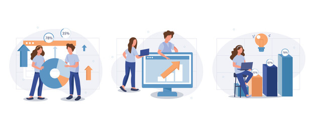 Fototapeta premium Data analysis web concept with people scenes set in flat style. Bundle of searching statistics at charts or graphs, making financial reports, research market. Vector illustration with character design