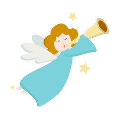 Christmas angel with wings flies and plays the trumpet. Vector Greeting card decorated flying Christmas angel. Great for posters, greeting cards.