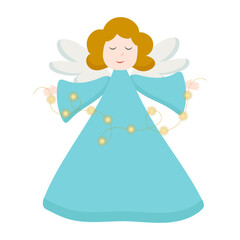 Christmas cute angel. Portrait view of flying angelic character in blue clothes. Vector design for greeting cards and invitations