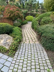 stone path in the garden. carved pavement, natural stone and traditional east plants. Appeltern, Netherlands, October 12, 2022
