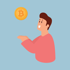 Portrait of happy smiling cartoon character man in pink shirt holding bitcoin isolated over blue background. Blockchain and cryptocurrency investment concept.illustration.