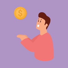 Portrait of happy smiling cartoon character man in pink shirt holding coin isolated over purple background.  investment concept. illustration.