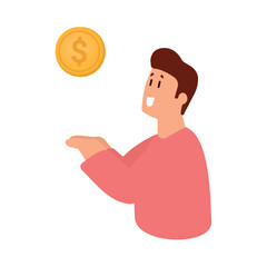 Portrait of happy smiling cartoon character man in pink shirt holding coin isolated over white background. investment concept. illustration.