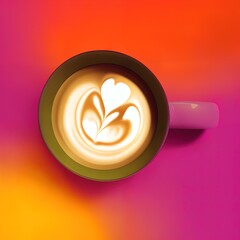 Overhead shot of Coffee Latte Art on a colorful background