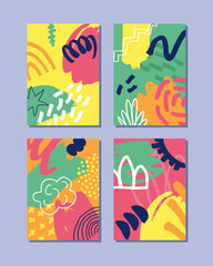 Set of vertical backgrounds with stains, textures and geometric shapes. Bright colors. Hand drawn vector pattern.