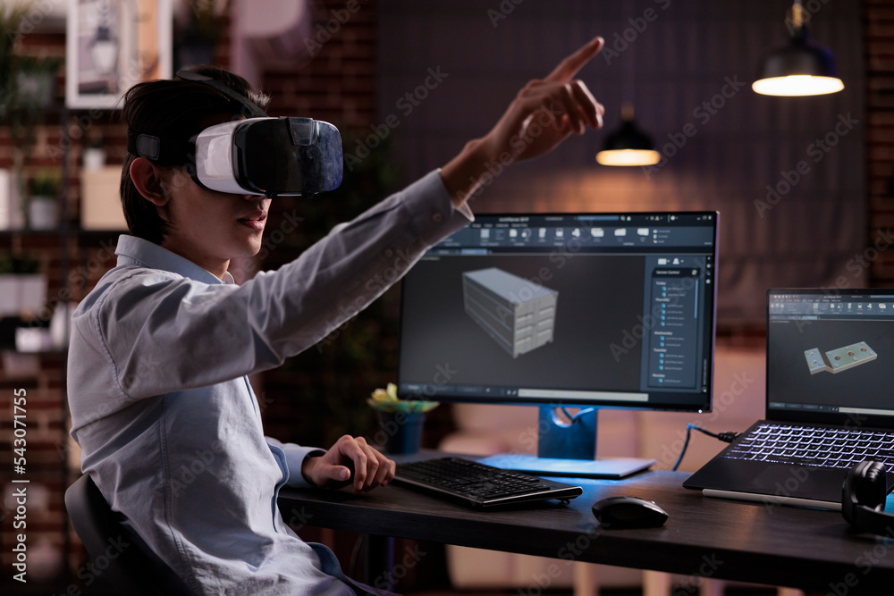 Poster asian developer using vr glasses on industry production, engineering technical product with virtual 