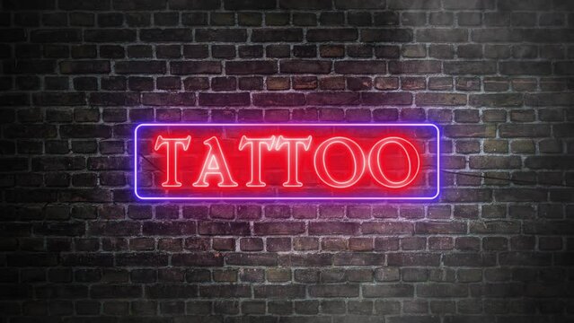 Tattoo Shop Neon Real Sign On Bricks Wall Background. Blue Frame Neon And Red Letters. Concept Of Storefront. Realistic Symbol Sign Of Tattoo Shops.