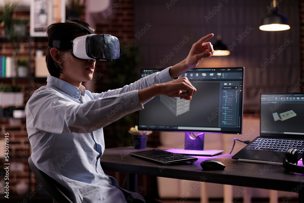Poster cad engineer developing industrial product with computer interface and vr glasses. engineering techn
