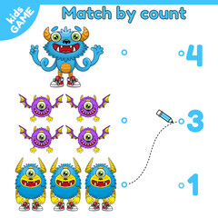 Count and match sea animals and numbers. Math educational game for kids. Printable worksheet for kindergarten and school. Vector illustration of cartoon sea animals.