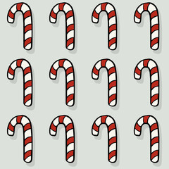 Christmas Season Winter Holiday  Doodle linear colorful vector seasonal seamless pattern with candy canes in horizontal rows isolated on light background 