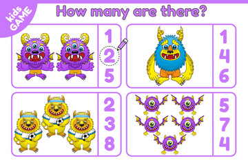 Fototapeta premium Math game for children. Learning counting skills. Count how many objects and choose the correct answer. Cartoon monsters. Vector illustration.
