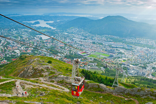 BERGEN, NORWAY - AUGUST 4, 2019: Beautiful view with Ulriken Cable Car seen from the Mount Ulriken in Bergen
