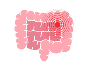 Human intestines pain symbol. Intestines ache icon. Vector illustration. Human body ache pain dot