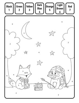A Pair of Fox and Racoon Friends Camping Color By Number Coloring Activity Worksheet for Chlidren Ages 4-7