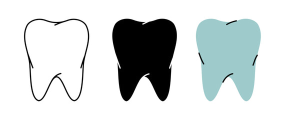 Set of human tooth symbols. Human tooth icons in color, black and thin line style. Vector illustration. Human organ icons