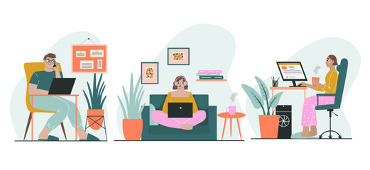 Set of people work at home at a computer. The concept of freelancing and remote work. Vector illustration