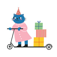 Cute cat rides a kick scooter with gifts. Vector illustration