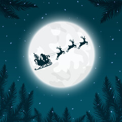 Obraz na płótnie Canvas Santa Claus and gifts in sleigh with reindeer pulling the sleigh on the moon background.
