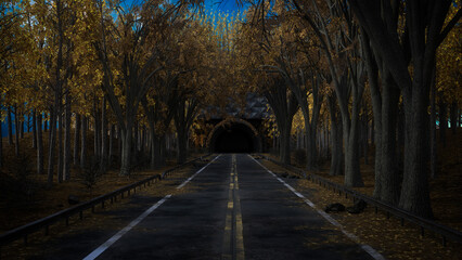 Fototapeta na wymiar Long straight empty road through a forest leading into a tunnel. 3D rendering.