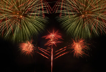 Different styles of firework with red and green colors, symmetry