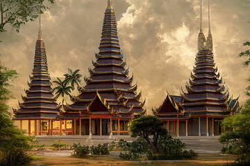 Fototapeta premium Tempel in Thailand Buddhismus Glaube Siam Tempelanlage Graphic Illustration 3D AI Digital Art Kunst