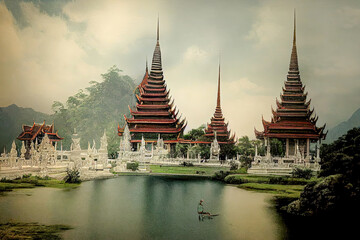 Naklejka premium Tempel in Thailand Buddhismus Glaube Siam Tempelanlage Graphic Illustration 3D AI Digital Art Kunst