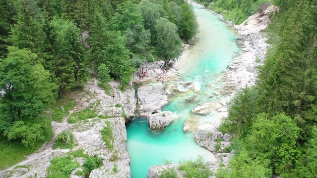 Slovenia Soca river Aerial Drone view 4k rafting Kayaking Mountain alps  boat bovec sucec