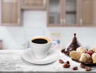 Tasty aroma hot coffee in cup on table