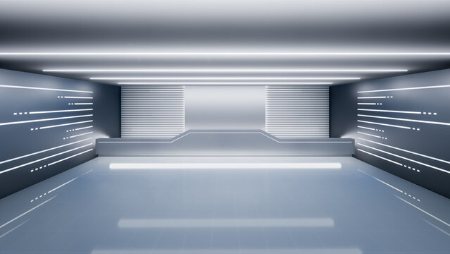 Fototapeta floor, tile, background, white, tile floor, spaceship, futuristic, design, space, empty, perspective, future, clean, light, interior, bright, room, inside, 3d, rendering, floor background, empty room,