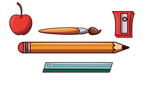 Various Writing Tools And Other School Stationary, Cartoon Style Vector Illustration.

