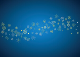 New Year frame with gold snowflakes on blue background. Horizontal Christmas and New Year frame for gift certificate, ads, banner, flyer, sales offers, event invitations. Glitter snow with sparkle