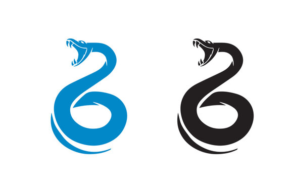 Blue And Black Snakes On White Background, Silhouette Spiral Snakes Vector Illustration.
