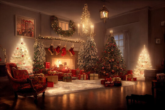 Christmas, New Year interior with magic glowing tree, fireplace and gifts in vintage style.  Christmas and New Year holidays background.
