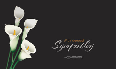 White calla flowers (arum lilies) mourning bouquet close-up in the black background. Vector conceptual illustration with the inscription With deepest sympathy and place for additional text. - obrazy, fototapety, plakaty