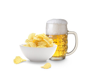 Mug of beer and potato chips bowl isolated 