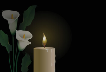 Burning candle close-up and calla flowers (arum lilies) in the background in the dark. Vector conceptual illustration with place for text. - obrazy, fototapety, plakaty