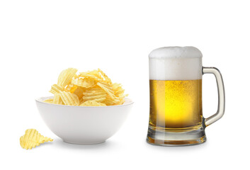 Mug of beer and potato chips bowl isolated - Powered by Adobe