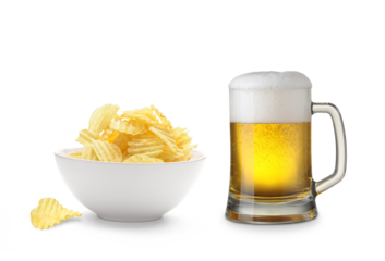 Mug of beer and potato chips bowl isolated