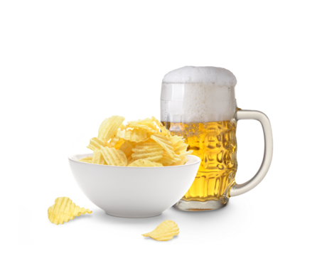 Mug of beer and potato chips bowl isolated 