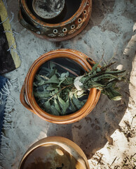 Medicinal plants macerating in ceramic jar in white sand exotic garden with golden hour light and colorful blanket during sacred ceremony in Tulum